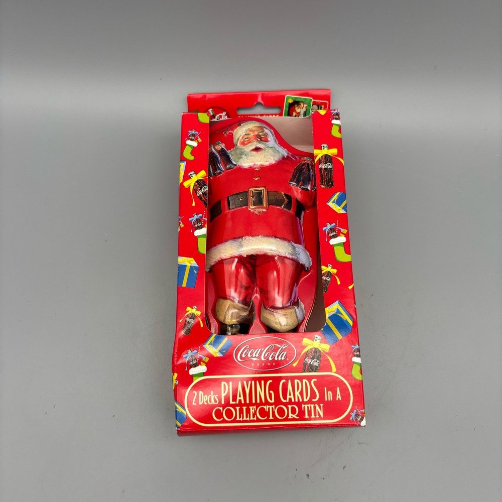 Coca Cola‎ Christmas Santa Tin Bycicle Playing Cards 2 Decks In Box Plastic Wrap